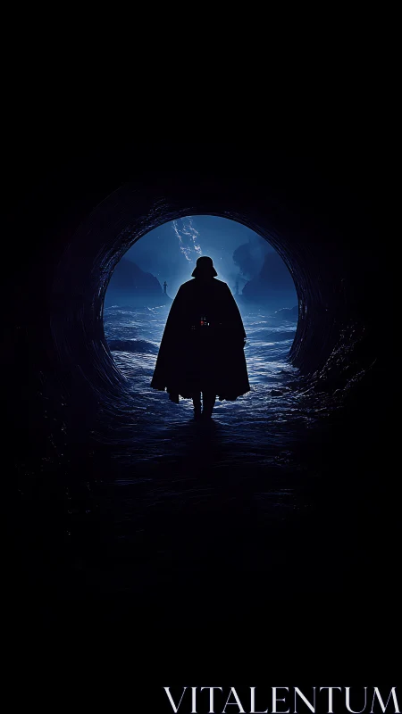 Dark caped figure exits tunnel into storm-lit alien shore