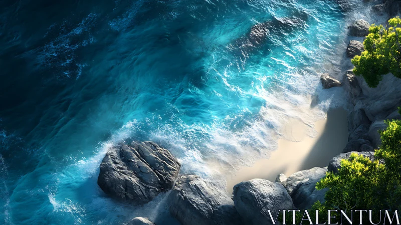 High-detail aerial view of wave dynamics on rocky tropical cove