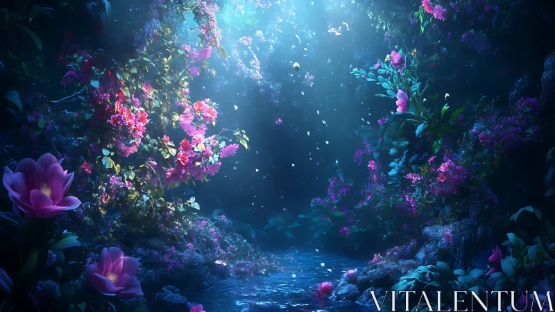 Bioluminescent Deep Cavern Garden with Flowing Water, Magenta Blooms. High-Resolution 3D.