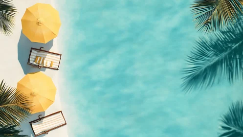 Aerial Beach Composition with Yellow Umbrellas and Palm Shadows.
