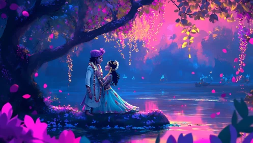 Luminous Meeting: Two Hearts Beneath Neon Blossom.