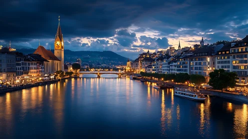 Zurich riverfront skyline under dramatic blue hour clouds.
