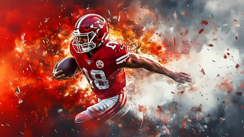 Flame-charged gridiron runner bursting through smoky chaos.