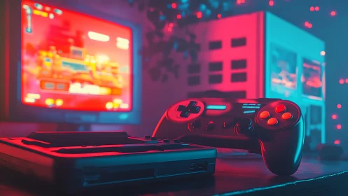 Retro gaming controller under neon cyan and magenta glow.