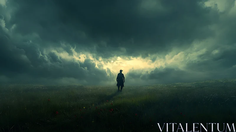 Lone wanderer crossing storm-lit field under heavy sky.