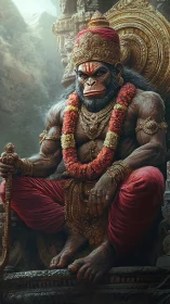 Powerful monkey deity seated in ornate temple setting.