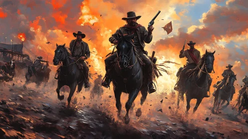 Cinematic digitally painted cowboy charge amid firestorm sky