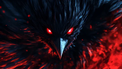 Close frontal view of dark bird with red glowing eyes.