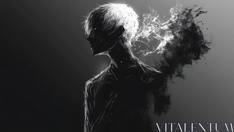 Silhouetted figure dissolves into white energy and shadowed smoke