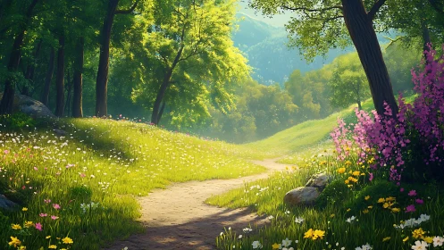 Sunlit forest path with wildflowers in enchanting spring landscape.