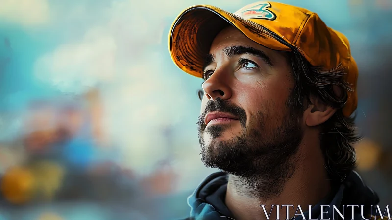 Digital portrait of pensive man in cap with bokeh backdrop.