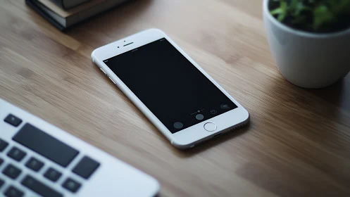 iPhone 5S white model on wooden desk surface with peripheral workspace.