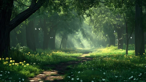 Radiant Forest Glade with Volumetric Light Rays and Flowering Understory