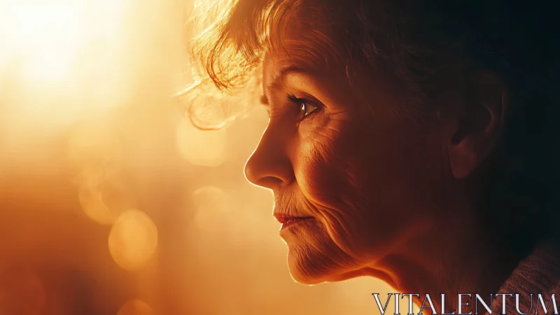 Elderly woman in warm sunset light, side profile portrait.