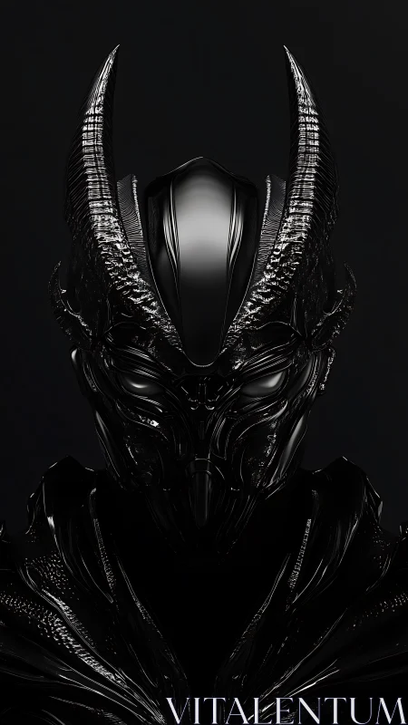 Midnight horned warrior stands cloaked in polished shadow