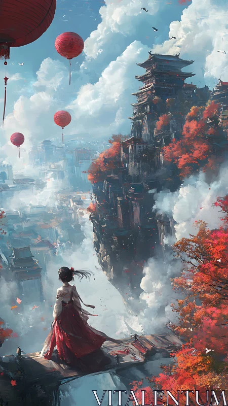 Skybridge maiden overlooking crimson cliff pagodas.