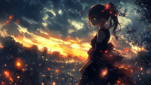 Backlit girl over ember-lit city at saturated sunset.