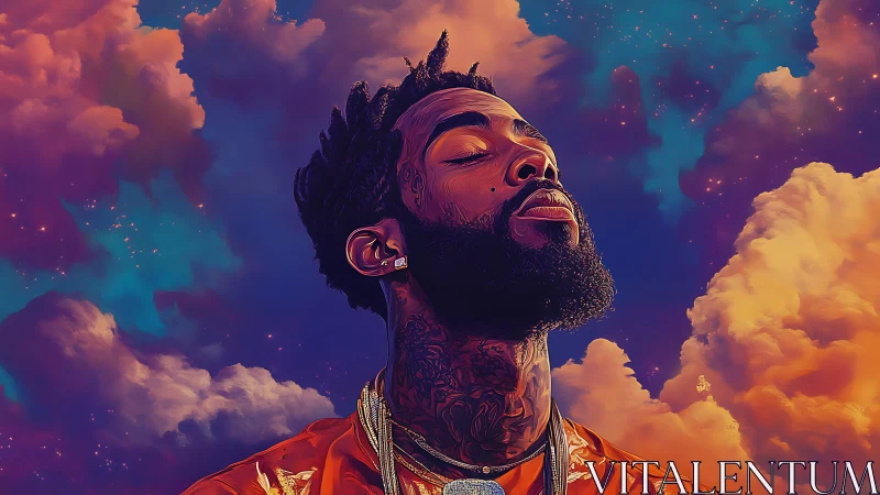 Digital portrait of tattooed man against vivid cloud sky.