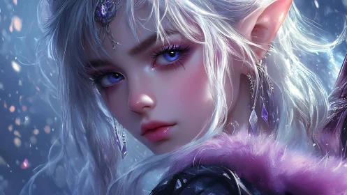 Elf woman with silver hair and violet eyes looks sideways
