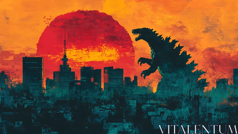 Colossal reptilian silhouette over technicolor seismic skyline.