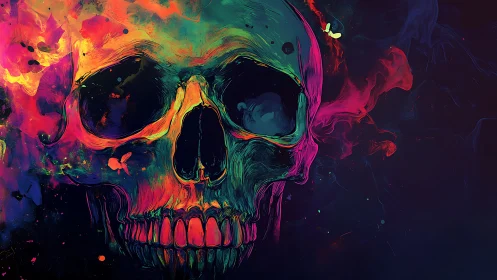 Neon smoke skull emerges from darkness in vivid abstract glow