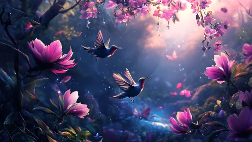 Hummingbirds dance gently through glowing pink blossoms at dusk