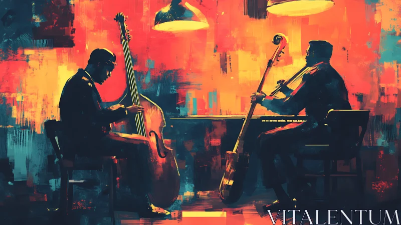 Two jazz musicians play upright basses under warm lights