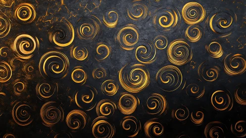 Gold metallic spiral vortex pattern on textured black ground