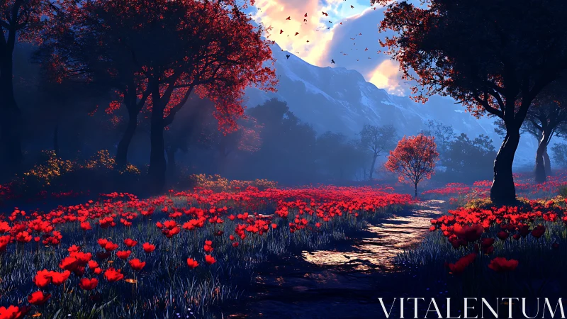 Sunlit poppy path through crimson forest and blue mountains.