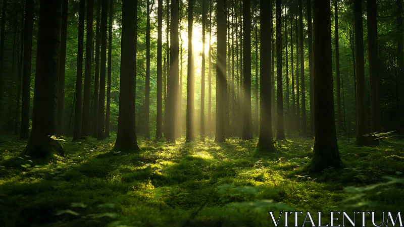 Sunlight streaming through tranquil green forest scene, natural style.
