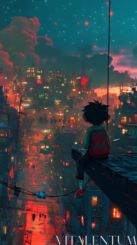 Boy overlooks neon city canyon under star-filled dusk sky.