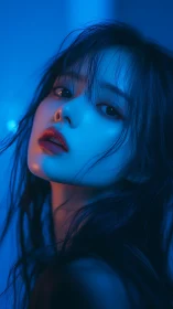 Blue-lit close-up portrait shows stylized female face in profile
