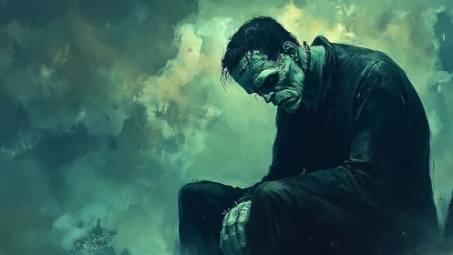 Melancholic bio-mechanical giant in teal atmospheric shroud.