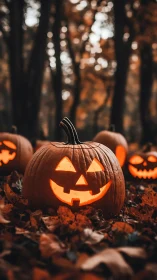 Illuminated Jack-O'-Lantern in Forest Setting with Bokeh Lighting