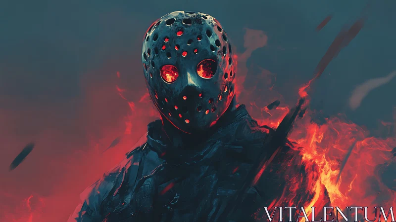 Masked inferno warrior framed by searing crimson flames.