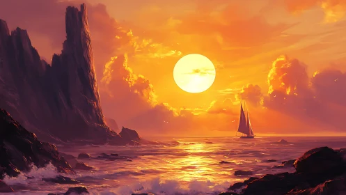 Sun-drenched waves escort a lone sail past volcanic cliffs