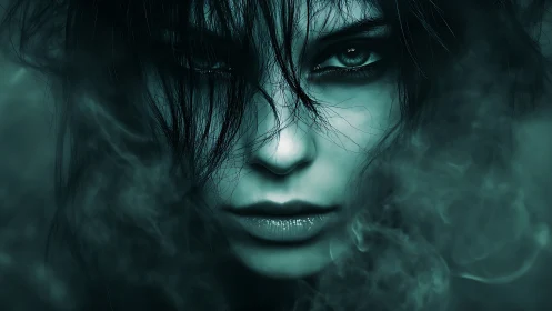Monochrome teal female portrait with smoke and intense gaze.