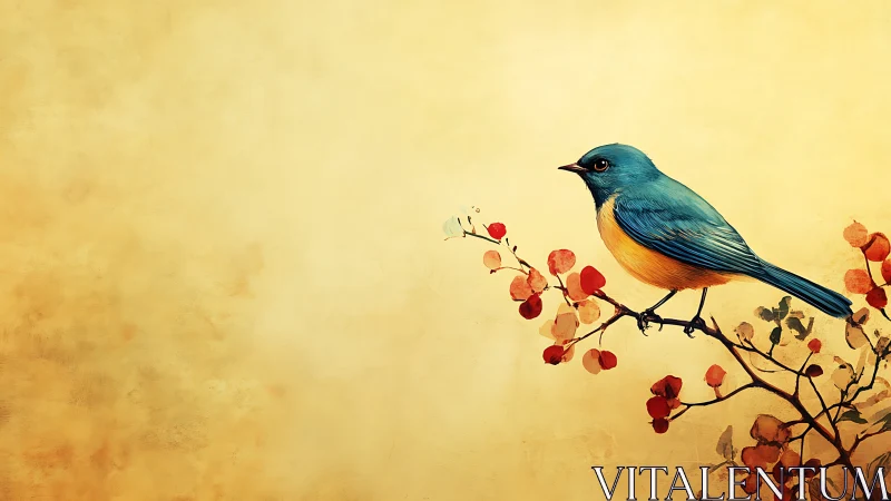 Vibrant blue and orange bird on branch, watercolor style illustration.