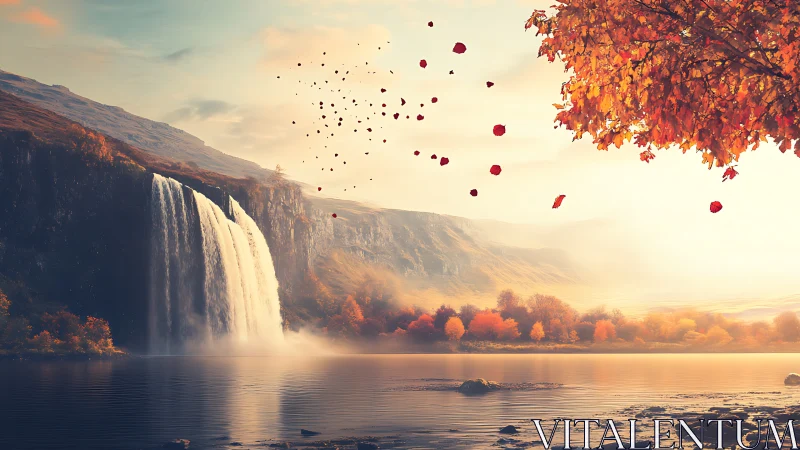 Waterfall whispers while autumn leaves drift into glowing mist
