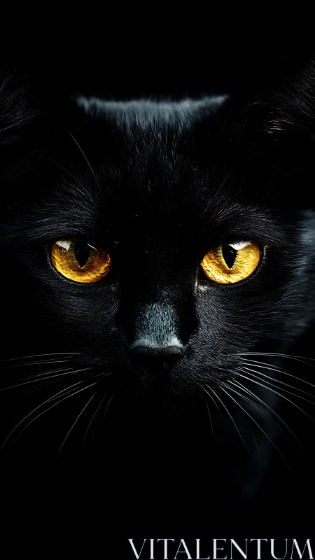 Black Cat's Hypnotic Gaze: Golden Eyes Pierce Through Darkness