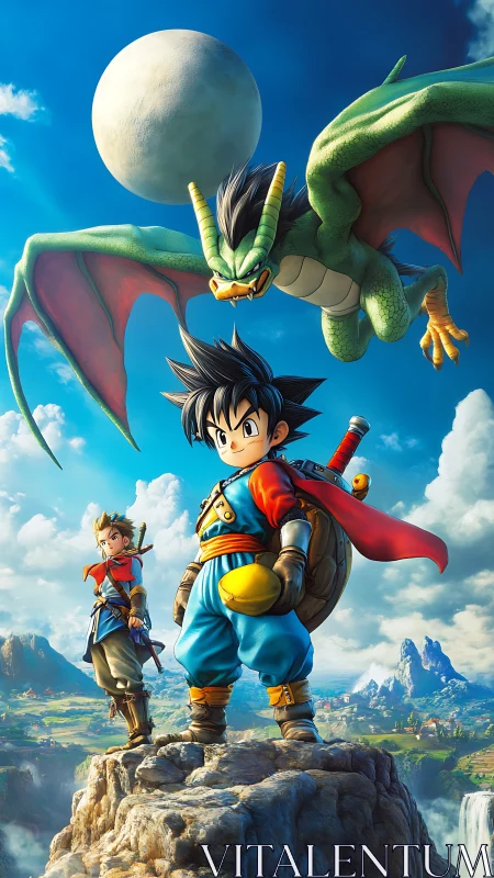 Heroic fantasy duo confronts dragon above vast mountain landscape