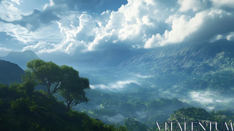 Mist-draped valley and sunlit hills beneath roaming clouds.