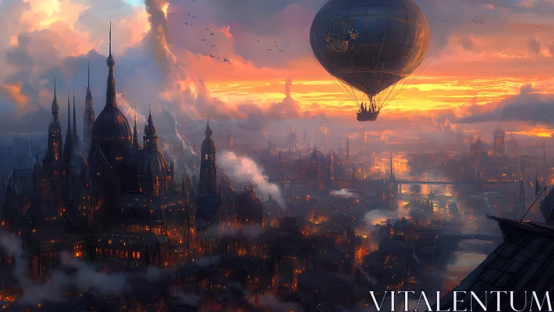 Balloon crosses industrial river city under diffuse sunset