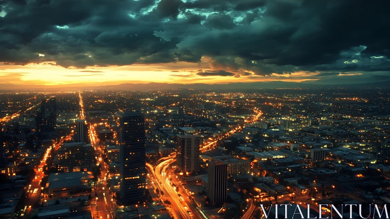 Neon arteries under stormlit dusk above the glowing city.