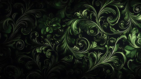 Green floral scrollwork fills dark seamless decorative panel