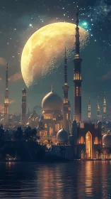 Moonlit golden mosque rises over tranquil starlit harbor