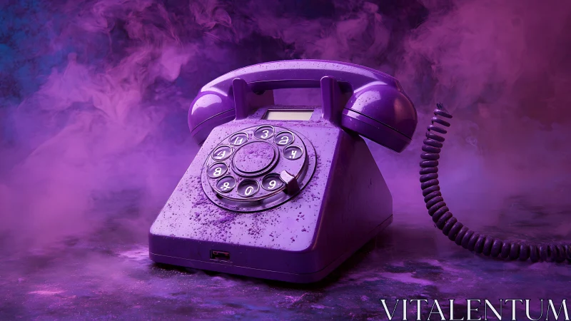 Velvet-purple rotary phone hums in dreamy neon fog