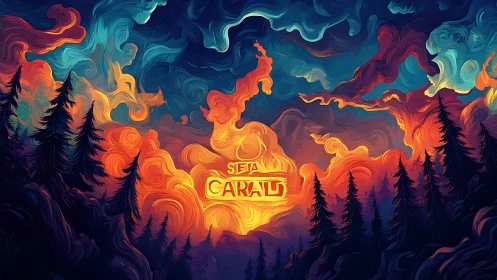 Swirling neon sunset ignites a stylized fantasy forest sky