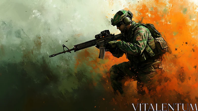 Soldier in combat stance holds rifle amid abstract smoke