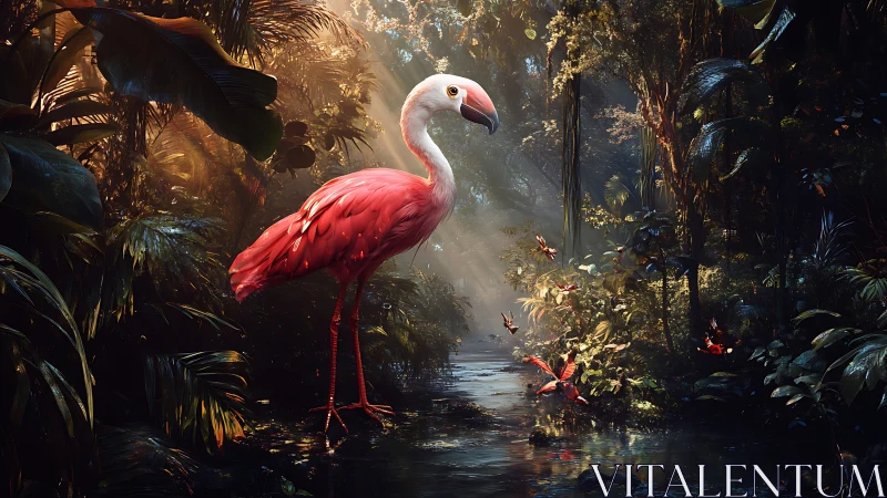 Radiant pink flamingo enjoys a sunlit jungle stream